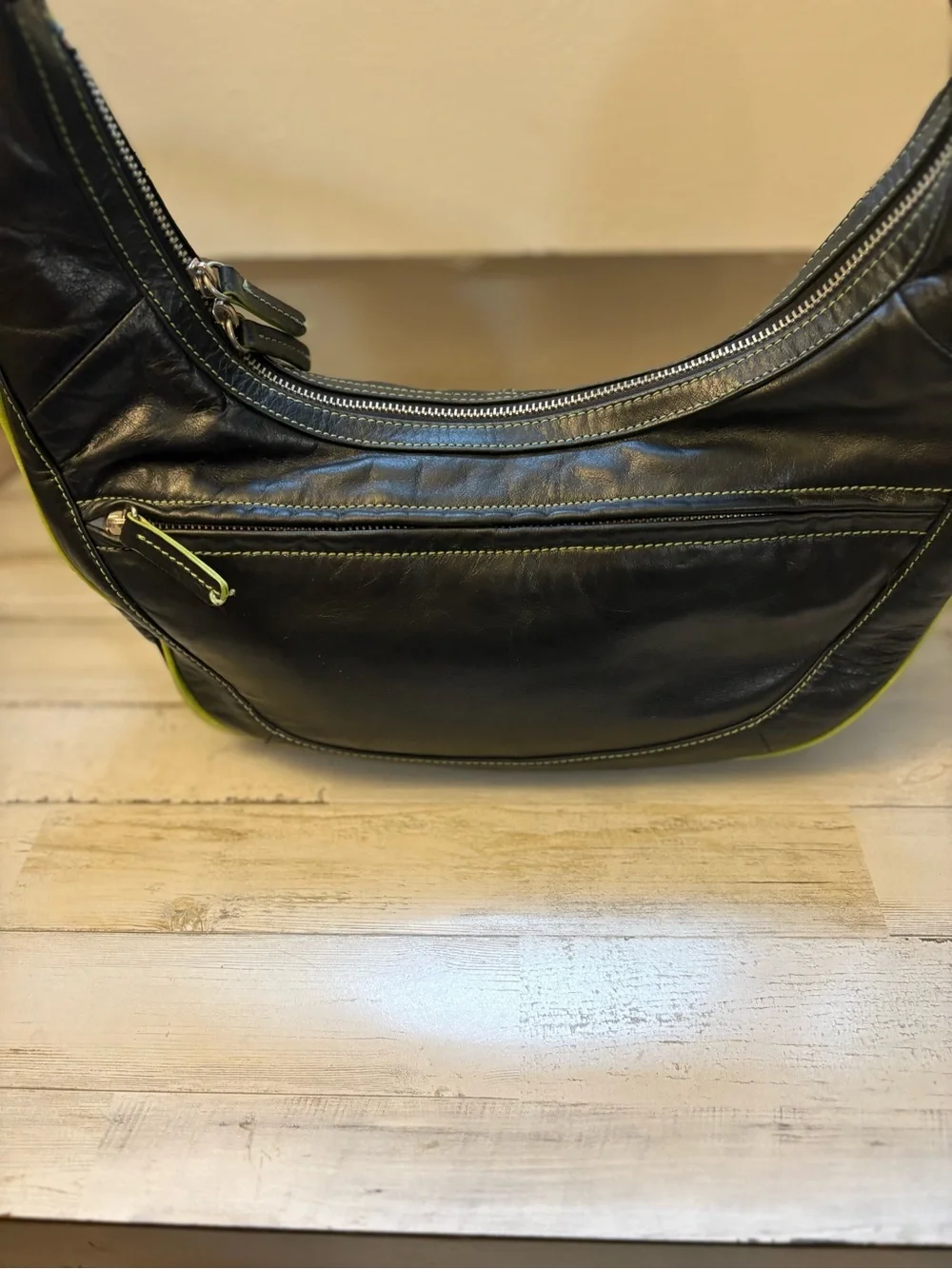 Black Leather Mini Hobo Bag with Lime Accent Angela Adam’s Y2K - Picture 2 of 8